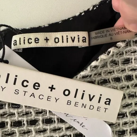 Alice + Olivia Sally Side Zip Tweed Mini Dress 8 Black White Business Casual NEW - Picture 9 of 13